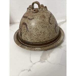Art Pottery Covered Cheese/Butter Stoneware Dome Dish Set Rustic Painted